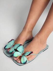 ROMWE Fairycore 女士亚麻平底凉鞋，花卉和蝴蝶装饰，露趾，透气网眼鞋面，适合婚礼、派对、休闲、海滩、旅行、约会，2025 年夏季、秋季、冬季 - 綠色 - 查看 1