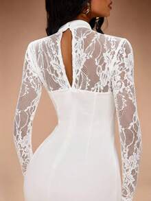 Radiana Seksowna i elegancka, beżowa, koronkowa, patchworkowa, dopasowana sukienka damska z długim rękawem, dopasowany krój, elastyczna dzianina otula ciało, podkreślając figurę, odpowiednia na randki, spotkania, imprezy, codzienne wyjścia, zakupy, do klubów, na popołudniową herbatę, święta - Biały - Zobacz 9