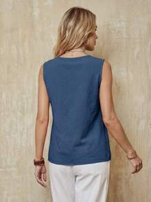 EMERY ROSE Lace Trim Sleeveless Casual Vacation Shirt In Solid Color - Dusty Blue - View 2