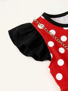 SHEIN Playful Pals 女嬰紅白波點荷葉邊袖洋裝，蝴蝶結裝飾，可愛公主風夏季度假太陽裙，法式風格洋裝，適合6個月-3歲 - 紅色 - 查看 4