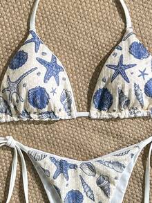 Swim Basics 2pcs Sequin Textured Halter Bikini Top And Side Tie Bottoms, Beach Swimwear Set With Ocean Elements, Spring/Summer Boho Bikini Set Seashell Bikini Pattern Bikini Starfish Bikini Sea Shell Bikini - Multicolor - View 5