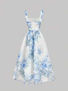 SHEIN MOD Váy suông voan organza họa tiết hoa thanh lịch dành cho nữ, phong cách nghỉ dưỡng, mùa hè - Xanh và trắng - Xem 4