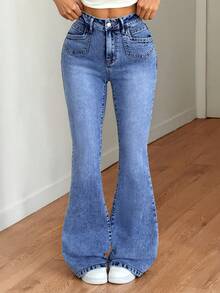 SHEIN Tall Spring To Summer Women's Casual Everyday Commuting Stretch Comfort Denim Fabric With Contrasting Pocket Design Pocket Button Casual Versatile Daily Wear Flared Denim Jeans - Light Wash - View 5