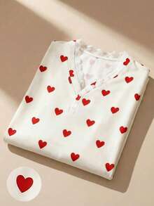 Franclia Áo thun nữ lãng mạn ngày Valentine với họa tiết trái tim, viền ren, cúc in màu trắng và đỏ, tay dài, xếp ly hai bên eo, thích hợp cho mùa đông, Giáng sinh, Năm mới, tiệc tùng, đi biển, thanh lịch. - Nhiều màu - Xem 1