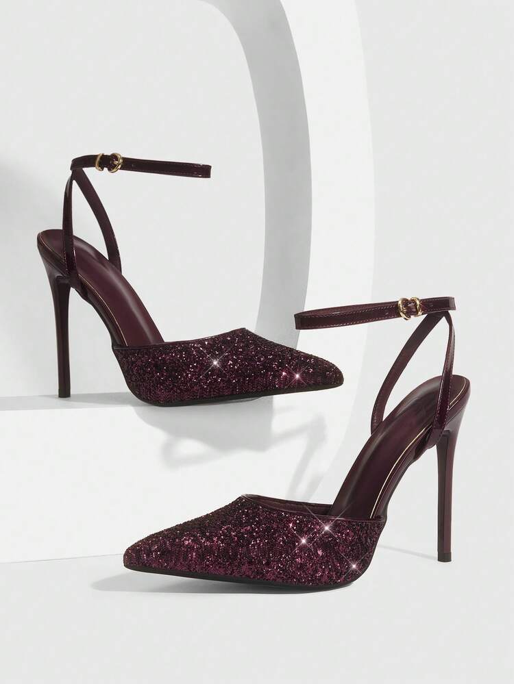 CUCCOO SZL Women Shoes Pointed Thin High Heel Burgundy Glitter Ankle Strap Slingback Women's Shoes Simple Elegant Fashion Sexy Party Banquet Nightclub Women's High Heel Shoes Women's Shoes Spring Shoes