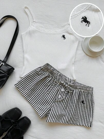 Comfortcana Women's Casual Striped Camisole And Shorts 2 Pieces Set, Summer Outfit For Women