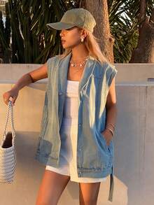 DAZY 女士翻领无袖收腰休闲牛仔夹克外套 - 淺色水洗藍 - 查看 1