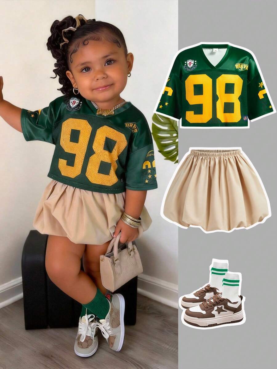 SHEIN 2pcs Baby Girl Knitted Letter & Number Pattern V-Neck Casual T-Shirt And Shorts Set - Multicolor - View 1