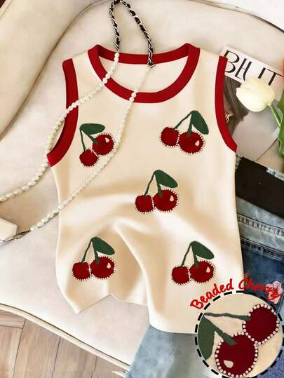 Resyla Women's Cherry Pearl Decor Printed Sleeveless Tank Top, Summer