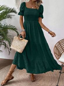 EMERY ROSE Ladies" Summer Holiday Solid Color Textured Bubble Sleeve Long Dress Maxi Women Outfit - Dark Green - View 5