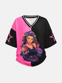 SHEIN 少女休闲街头风 Y2K K-Pop 卡通人物图案 V 领罗纹边饰宽松短袖针织 T 恤，粉色和黑色，适合日常、户外、运动和上学穿着 - 彩色 - 查看 4