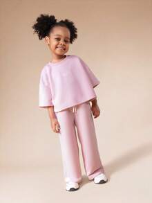 SUMWON Conjunto de dos piezas para niñas, camiseta de manga corta con pantalones de pierna ancha de tiro alto, conjunto casual y cómodo para primavera y verano - Rosa - Ver 2