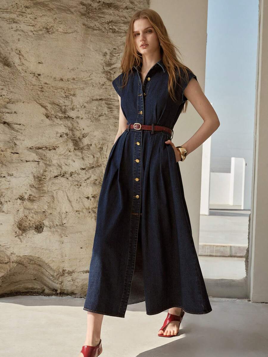 MOTF PREMIUM WOMEN'S CASUAL DENIM DRESS FOR COMMUTING, SPRING/SUMMER, BELT NOT INCLUDED - Blue - View 1