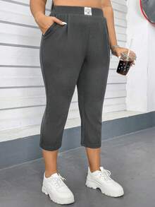 SHEIN Essnce Pantalon décontracté polyvalent grande taille, coupe slim, couleur unie - Gris pâle - Voir 3