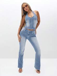 BABYPHAT Bộ jumpsuit denim co giãn cạp thấp, ống loe rộng, cổ yếm, hở lưng, có túi và đai, thích hợp cho phong cách retro mùa hè năng động và dự tiệc. - Rửa nhẹ - Xem 6