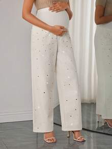 Momance Quần jeans bầu cạp cao dáng suông, đính đá, kiểu dáng thường ngày, phù hợp cho mùa xuân và mùa thu. - Màu be - Xem 5