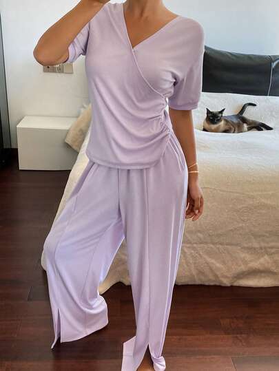 DAZY 纯色针织褶皱短袖长裤女士睡衣套装