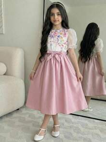 Tween Girl Casual Vacation Elegant Floral Print Puff Sleeve Shirt And Pleated Bowknot Waist Skirt Set, Pink - Pink - View 7