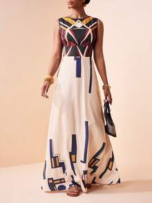 Zivah 2026 Spring/Summer New Music Festival, Easter, St. Patrick's Day, Valentine's Day, Date, Western, Nomadic, Birthday Party, Graduation, College, Student, Casual, Daily, Basic, Leisure, Vacation, Cruise, Beach, Sunbathing, Viral, Streetwear, Wedding Guest, Boho, Commute, Brunch, Airport, Party, Holiday, Office, Sleeveless A-Line Maxi Dress With Print - Apricot - View 4