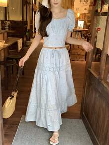 DAZY 女士蕾丝纹理方领短袖上衣和长裙两件套休闲度假套装夏季波西米亚风 - 淺藍色 - 查看 7
