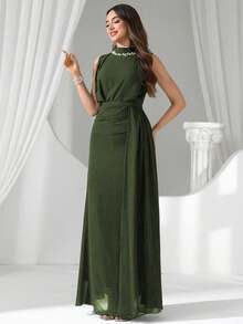 Coutiva Đầm dạ hội sang trọng đính sequin và ngọc trai, kiểu dáng cao cấp, mang đến vẻ thanh lịch. - xanh quân đội - Xem 3