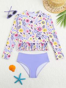 SHEIN Tween Girls' Cute Printed Bikini Set, Camisole Top & Bottoms, Random Print - Purple - View 1