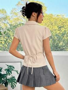 SHEIN EZwear 杏色梭织褶皱胸前系带修身短袖衬衫 - 杏色 - 查看 2