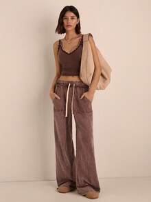 Easelle Dark Brown Solid Color Drawstring Waist Loose Casual Pants, Washed Long Pants With Snowflake Pattern - Brown - View 6
