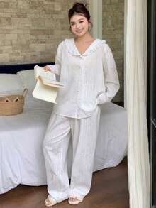 Dazy Plus 两件套优雅撞色蕾丝宽松彼得潘领纹理面料睡衣套装 - 白色 - 查看 2