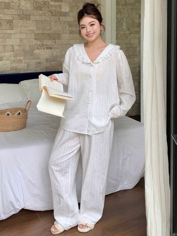 Dazy Plus 2pcs Elegant Contrast Lace Loose Fit Peter Pan Collar Textured Fabric Sleepwear Set