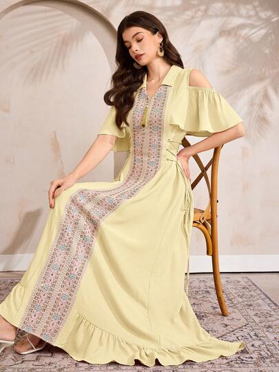 Al Najma Women's Off-Shoulder Ruffle Trim Casual Elegant Tie Strap Arabic Style Dress