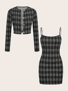 SHEIN PETITE 女士两件套：格子印花修身吊带中长连衣裙和外套 - 黑與白 - 查看 2