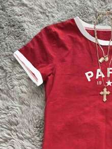 Glimmora 女士图案T恤，夏季新款设计，数字和字母印花，红白撞色，适合返校季、教师节、户外节日、派对、休闲运动风，常规版型T恤 - 彩色 - 查看 4