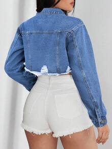 SHEIN Unity Solid Color Frayed Hem Front Button Distressed Denim Long Sleeve Jacket - Medium Wash - View 2