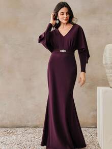 Anewsta Vestido elegante de manga larga con cuello en V y cintura ceñida, con estampado gráfico y floral, adecuado para el Día de San Valentín, vacaciones, carnaval y fiestas elegantes - Rojo violeta - Ver 4