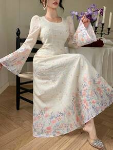 DAZY Đầm ren hoa nhí mùa xuân/hè, màu hồng, thích hợp cho Ngày Valentine, đám cưới, tiệc tùng, các dịp trang trọng, thời trang, thanh lịch, đi làm, tay áo loe, thắt eo, chân váy maxi bồng bềnh, tay dài, đầm hè cho nữ - Màu be - Xem 9