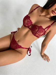 Aloruh 2pcs Sky Blue Embroidered Lace-Up Women's Lingerie Set Boobless Lingerie Set Lace Bra Set Butterfly Lingerie Set Lingerie Set Red Burgundy Lingerie Set - Red - View 2