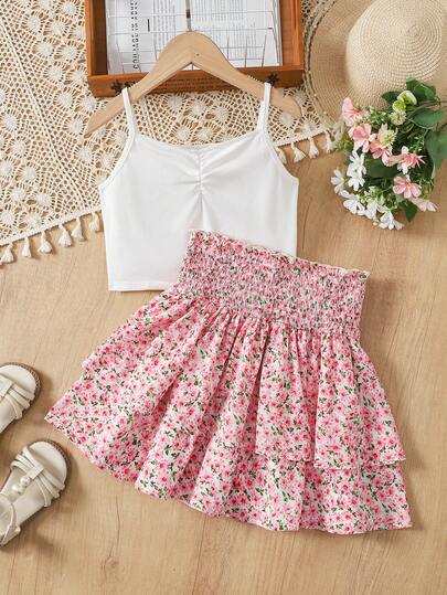 SHEIN 2pcs Tween Girls Fitted Casual Ditsy Floral Ruffle Hem Camisole & Mini Skirt Set