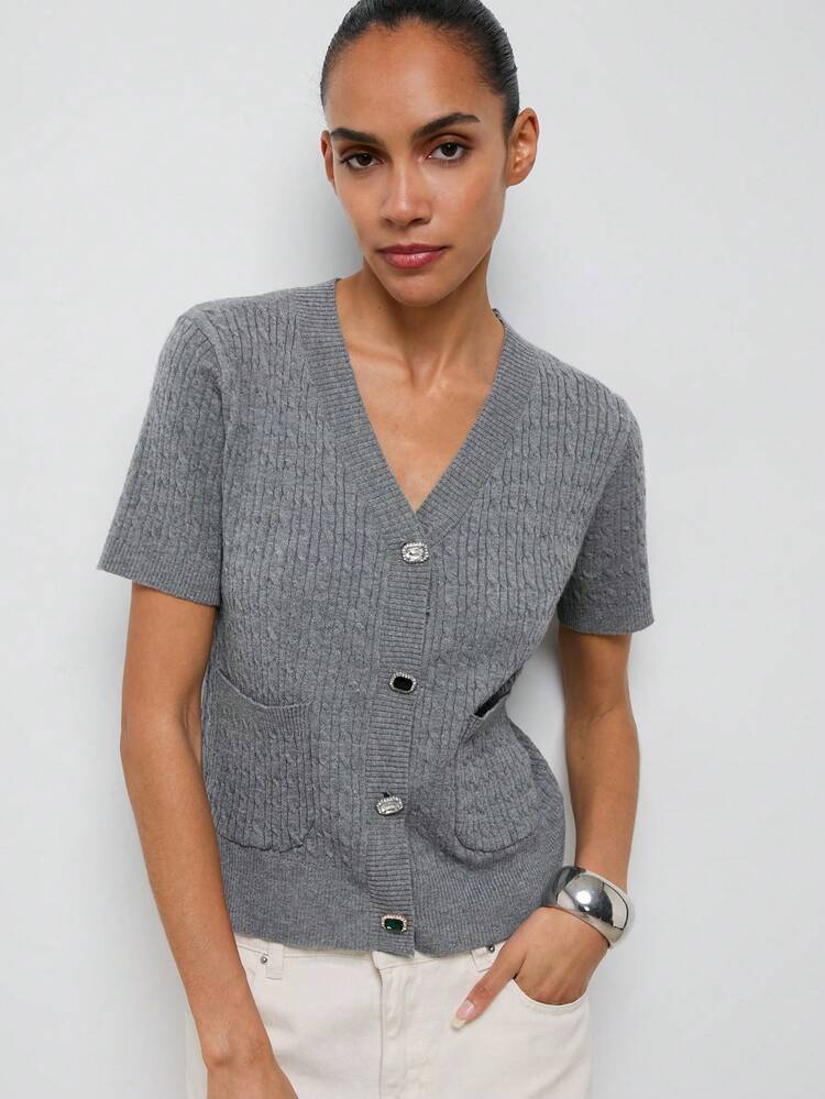 Maija Women's Elegant Gray Summer Office Cardigan,Solid Color V