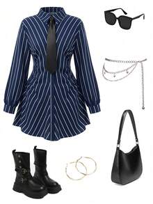 Elenzga Plus Size Elegant Striped Waist Ruched Shirt Dress - Navy Blue - View 4