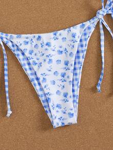 Swim Mod 女士沙滩音乐节花卉格子印花可爱打结细肩带丁字比基尼 - 彩色 - 查看 4