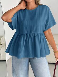 SHEIN Essnce 大码女装春夏时尚休闲宽松舒适日常百搭修身短袖衬衫，简约风格，凸显曲线，可爱上衣，外出上衣，女士衬衫，欧洲夏季，荷叶边上衣，早午餐，外出上衣 - 藍色 - 查看 6