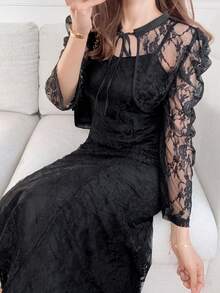 FRIFUL 女士深灰色薄纱蕾丝系带腰身两件套，商务休闲假日装扮 - 黑色 - 查看 6