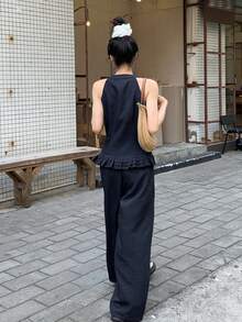 DAZY 春夏修身荷叶边无袖背心开衫上衣搭配直筒休闲裤套装，优雅通勤、浪漫约会、海滩度假皆宜 - 藏蓝色 - 查看 7