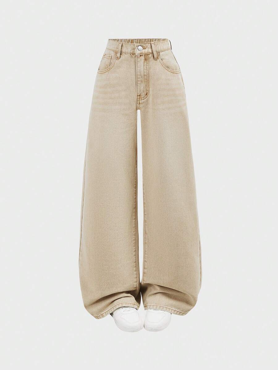 SHEIN Girlism 少女Y2K宽松休闲牛仔裤,带口袋和阔腿设计,适合夏季假期穿着。 - 卡其色 - 查看 1