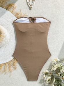 Swim Vcay Maiô tomara que caia marrom com estampa de estrela-do-mar e conchas, peça única, elegante e perfeito para resorts. - Castanho - Ver 7