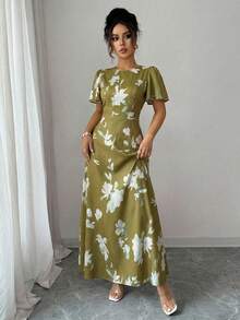 Elenzga Đầm nữ thanh lịch, lãng mạn, tay bồng, cổ tròn, thắt eo, in kỹ thuật số. - Nhiều màu - Xem 6