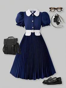 SHEIN ChillGRL Girls Dress, Single Item - Collared Half-Placket Shirt Dress With Ruffle Hem, Lantern Sleeve, A-Line Pleated Skirt, Comes With PU Belt, Suitable For Casual Everyday Wear In Spring/Summer - Navy Blue - View 5