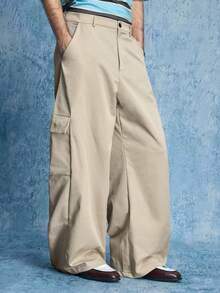 ROMWE MEN Street Life Quần cargo ống rộng dáng suông, phong cách đường phố thường ngày dành cho nam giới. - Màu Khaki - Xem 4
