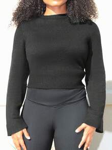 Steph T Women's New Burgundy Round Neck Straight Sleeve Waist Casual Sweater Top, Spring Autumn Winter New Knitted Sweater, Short Sweater, Elegant Daily Commute Ladies Sweater, Simple Basic Style,Black Top - Black - View 5